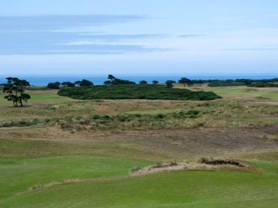 A landscape view of a golf course with rolling green fairways, sand bunkers, and a line of trees in the distance, with the ocean visible on the horizon.