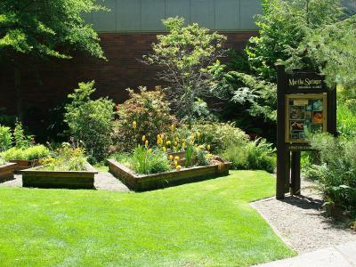 The image shows a landscaped garden area with raised wooden planters, green grass, and a prominent dark wooden sign on the right that reads "Martha Spring Botanical Garden" (or similar, partially obscured but clearly a garden entrance sign).