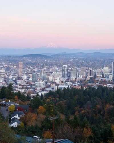 A high-angle view of the Portland, Oregon skyline at dusk, featuring the city's downtown buildings and the snow-capped Mount Hood in the distance, with a foreground of residential rooftops and trees.