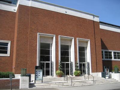 The brick facade and entrance of the Portland Art Museum