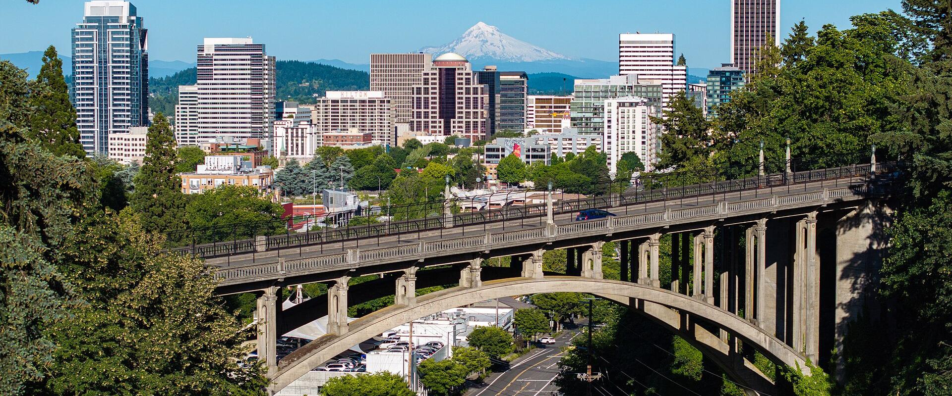 Aerial view of downtown Portland, Oregon and the Willamette River