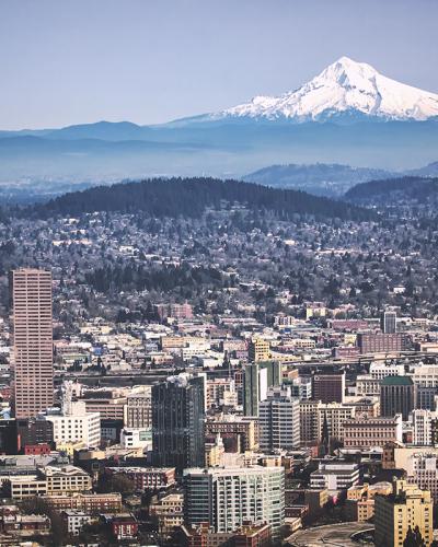 Downtown Portland, Oregon with Mount Hood on the horizon