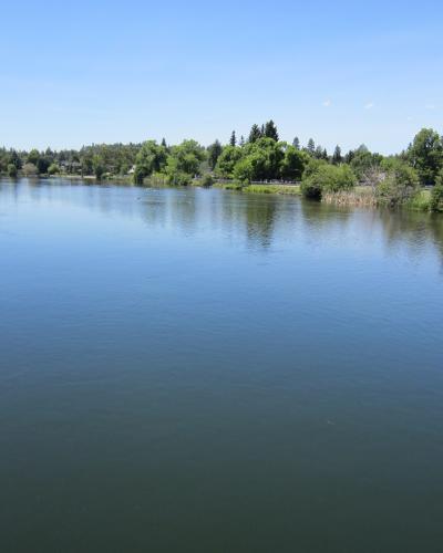 A wide, calm river or lake bordered by green trees and grassy banks under a blue sky, with houses visible in the background.
