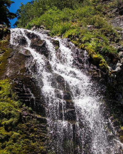 A waterfall cascading down a dark, moss-covered rock face, surrounded by green vegetation and trees, with no visible signage or man-made structures.