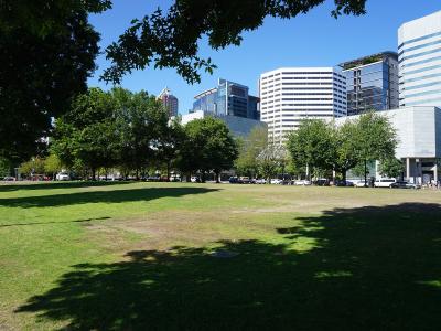 A view of a grassy park area with large trees in the foreground and several modern, multi-story office buildings in the background, including one with a distinctive curved, glass facade.