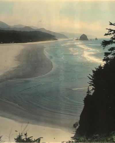 A vintage colorized photograph showing a wide sandy beach, ocean waves, and sea stacks in the distance, viewed from an elevated cliffside position with trees in the foreground.
