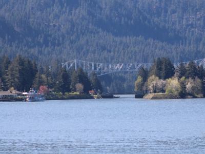 A wide river scene featuring a large white truss bridge spanning the background, with a tour boat docked on the left shore and forested hills rising behind.