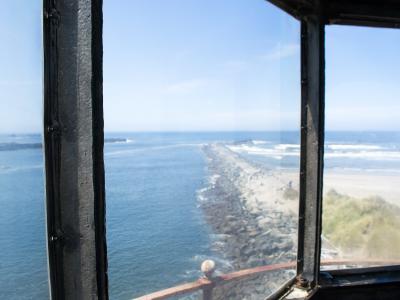 View from the Coquille River Lighthouse over the jetty and Pacific surf at Bullards Beach