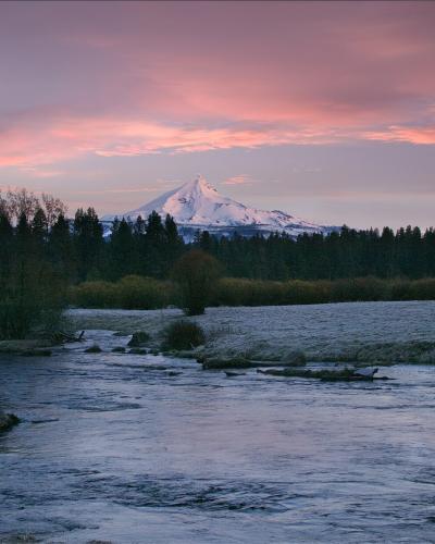 A landscape photograph showing a river in the foreground with a large, snow-capped stratovolcano (Mount Jefferson) in the background, framed by a treeline and a pink and purple sky.