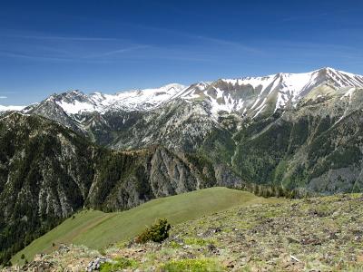 A high-angle landscape photograph showing a rugged, snow-dusted mountain range (likely the Eagle Cap range) with green alpine meadows in the foreground and a clear blue sky.