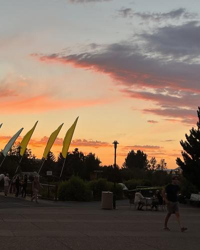 A paved plaza at dusk with people walking and sitting, featuring a row of tall flags (some yellow, some light blue/green) on the left and trees silhouetted against a sunset sky.